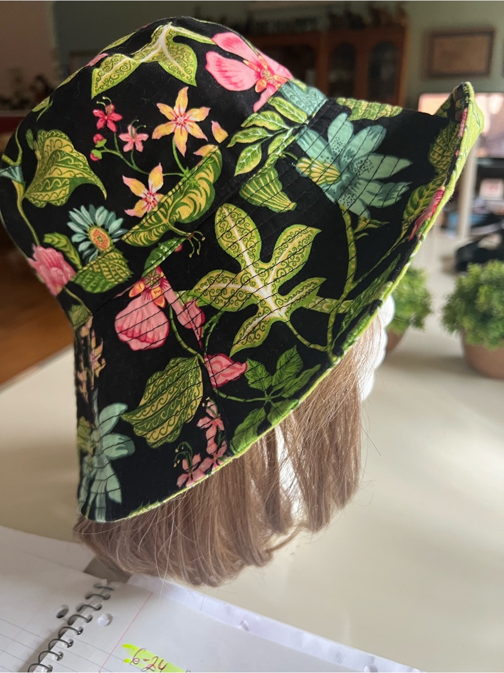 Vera Bradley Black Bucket Hat with Pink & Green Floral Pattern